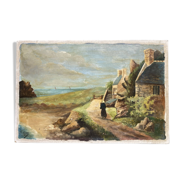 Pointe de Primel in Trégastel, oil painting on old cardboard