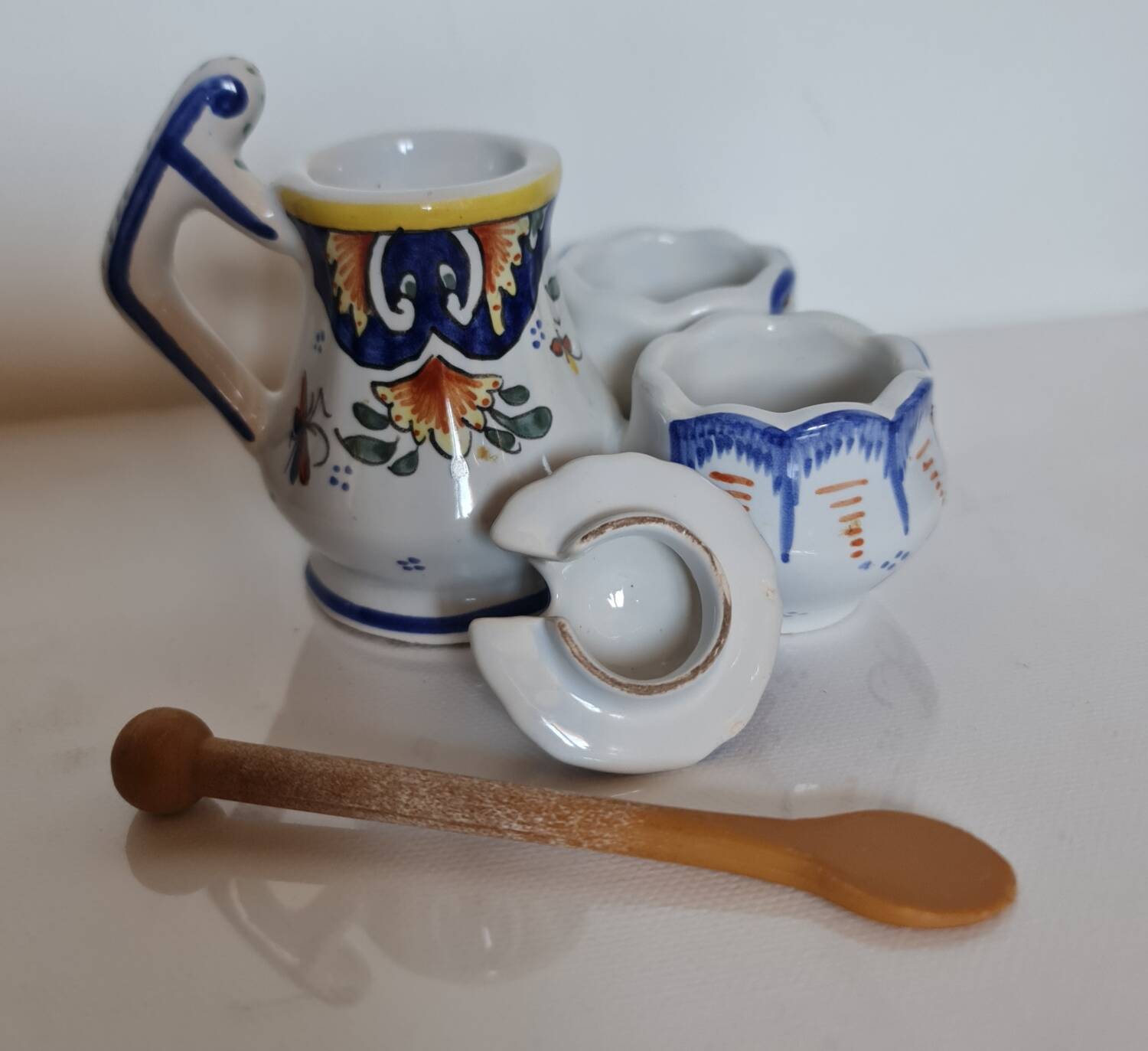 Mustard, salt and pepper shaker set with Rouen decor