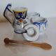Mustard, salt and pepper shaker set with Rouen decor