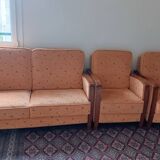 Ensemble de 3 canapés + grand tapis | Bois + tissu rembourré