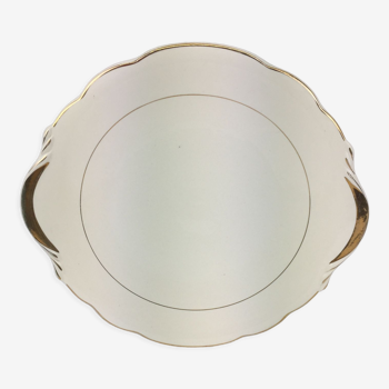 Old round dish with handles, ivory and gold porcelain, made in France Sarreguemines Digoin