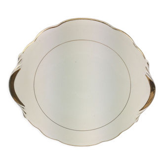 Plat rond ancien avec anses, porcelaine couleur ivoire et or, made in France Sarreguemines Digoin