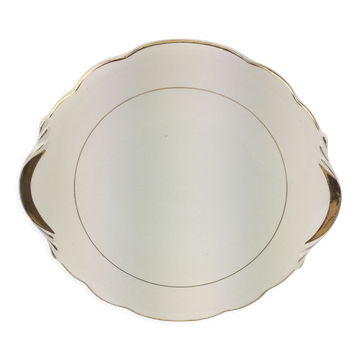 Plat rond ancien avec anses, porcelaine couleur ivoire et or, made in France Sarreguemines Digoin