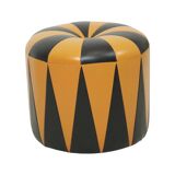 Round Vintage Pouf Orange Black Leatherette 1960s
