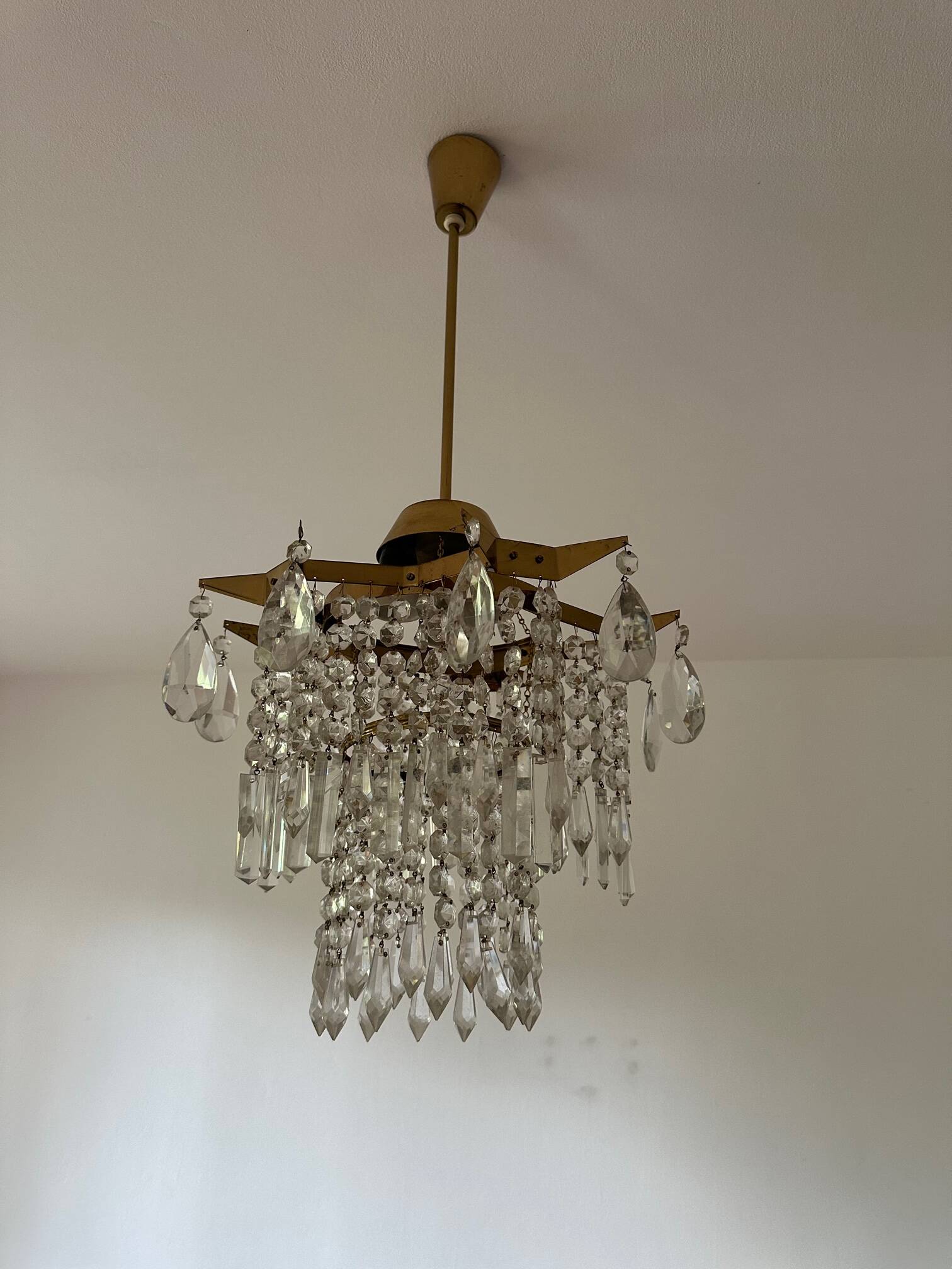 Midcentury brass crystal chandelier