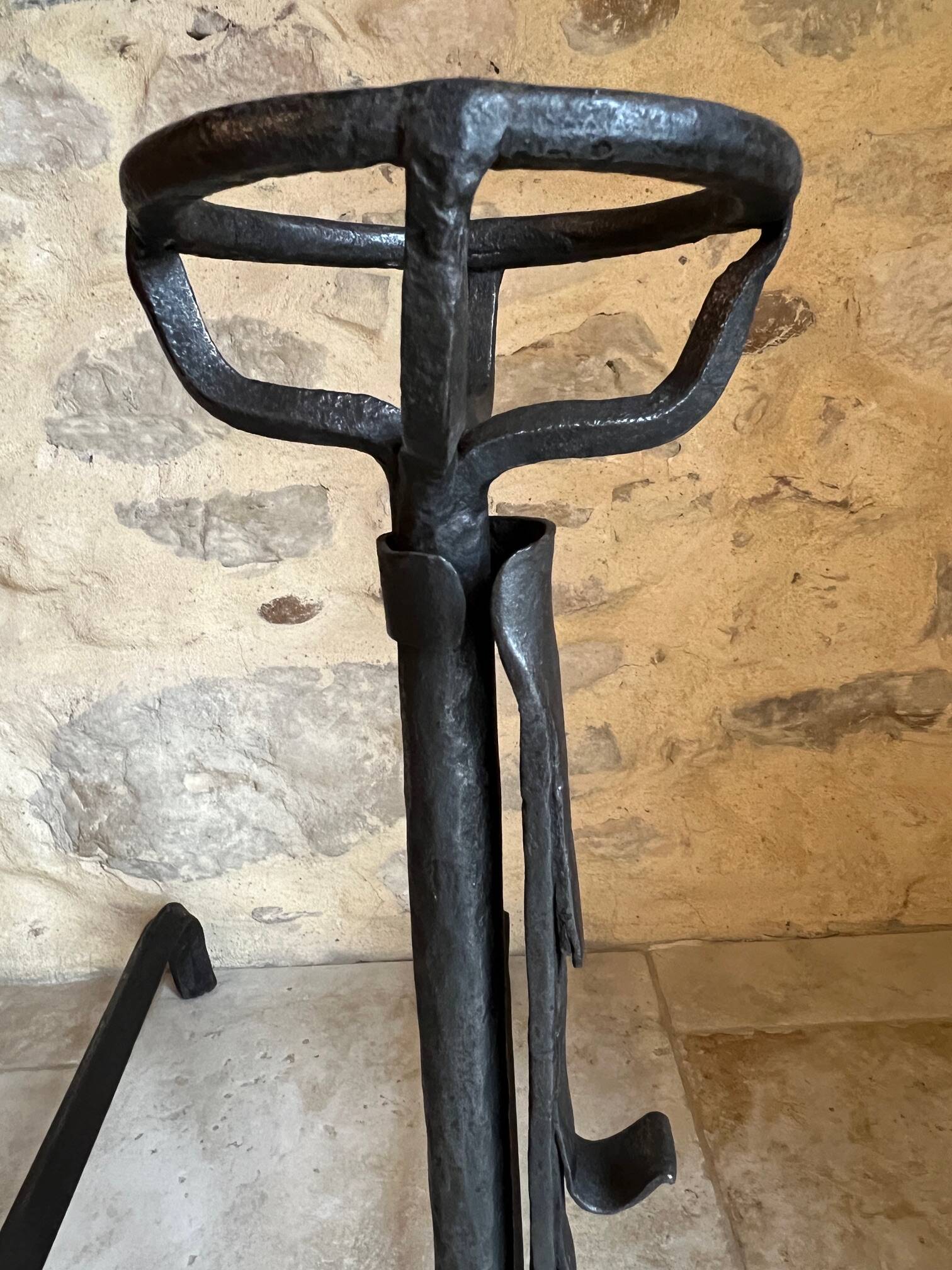 Pair of 18th century wrought iron andirons, log-carrying andirons