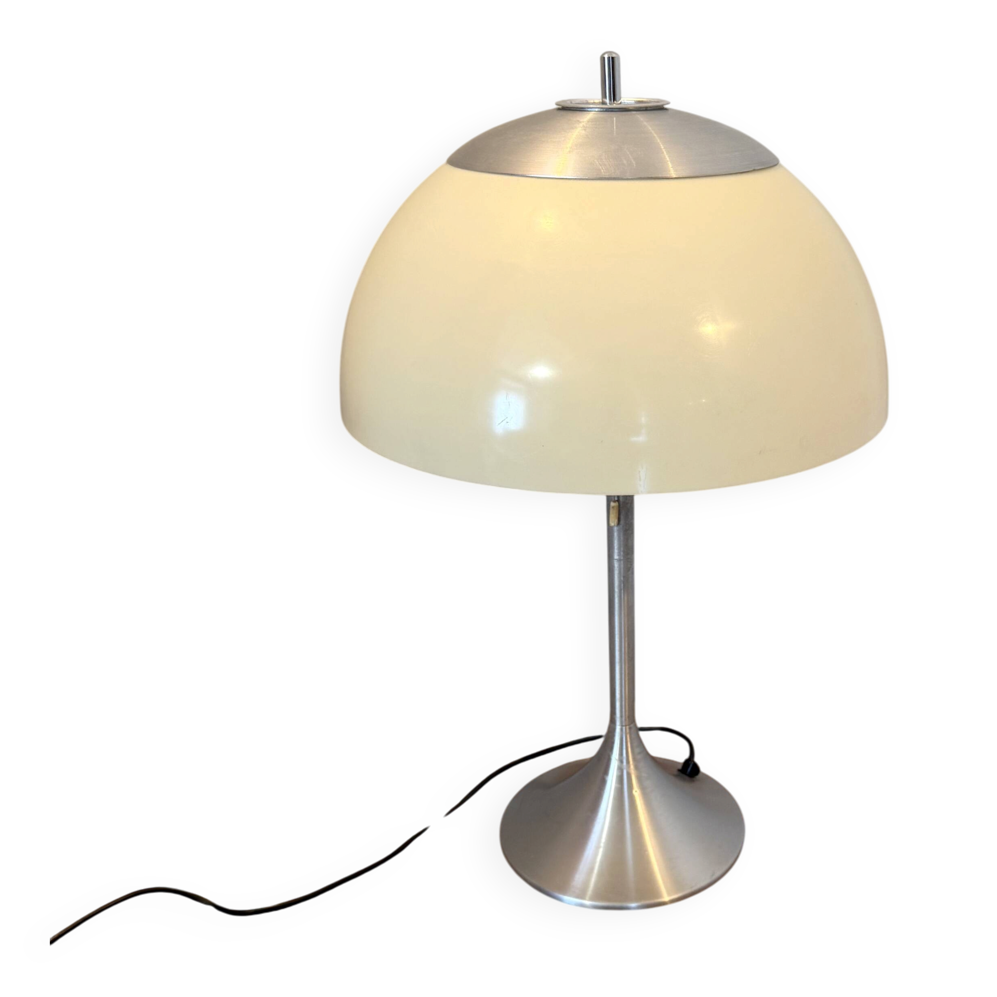 Space age mid-century mushroom lamp in brushed aluminium.