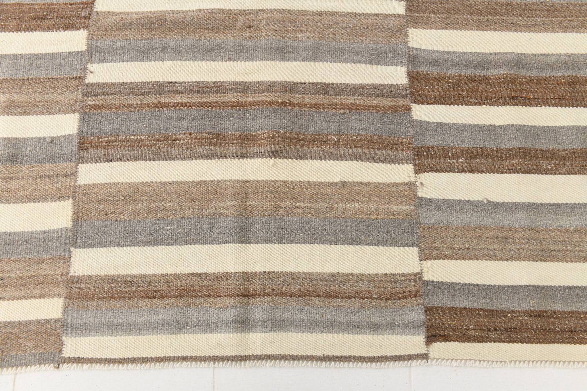 Contemporary Brown & Beige Striped Motifs Vintage Kilim Rug, 226x306Cm