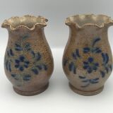 Pair of vintage pottery vases with floral decoration and glaçureau sel