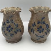 Pair of vintage pottery vases with floral decoration and glaçureau sel