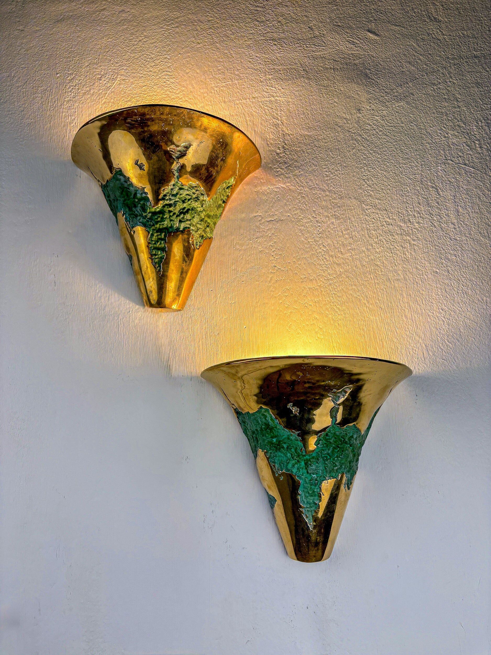 Pair of Italo Valenti brutalist wall sconces in bronze, Spain, 1970s