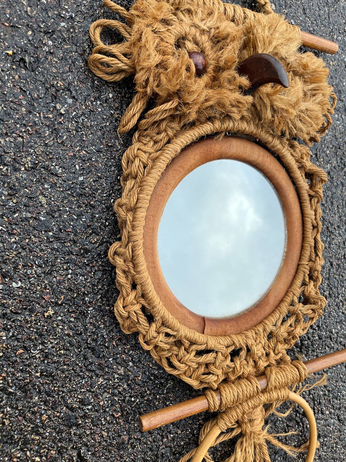 Miroir hibou vintage 1970 porte serviette en macramé