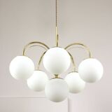 Vintage Golden & Opaline Glass 5-Arm Chandelier, 70s