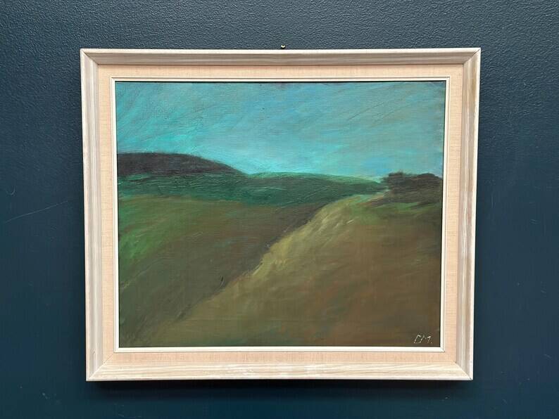 Huile sur toile originale suédoise – "Paysage" par Dina Mortensen – Signé DM – Vintage et encadré – 53 × 45,5 cm (20,9" × 17,9")