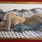 Old oil on panel depicting a nude scene with its golden frame