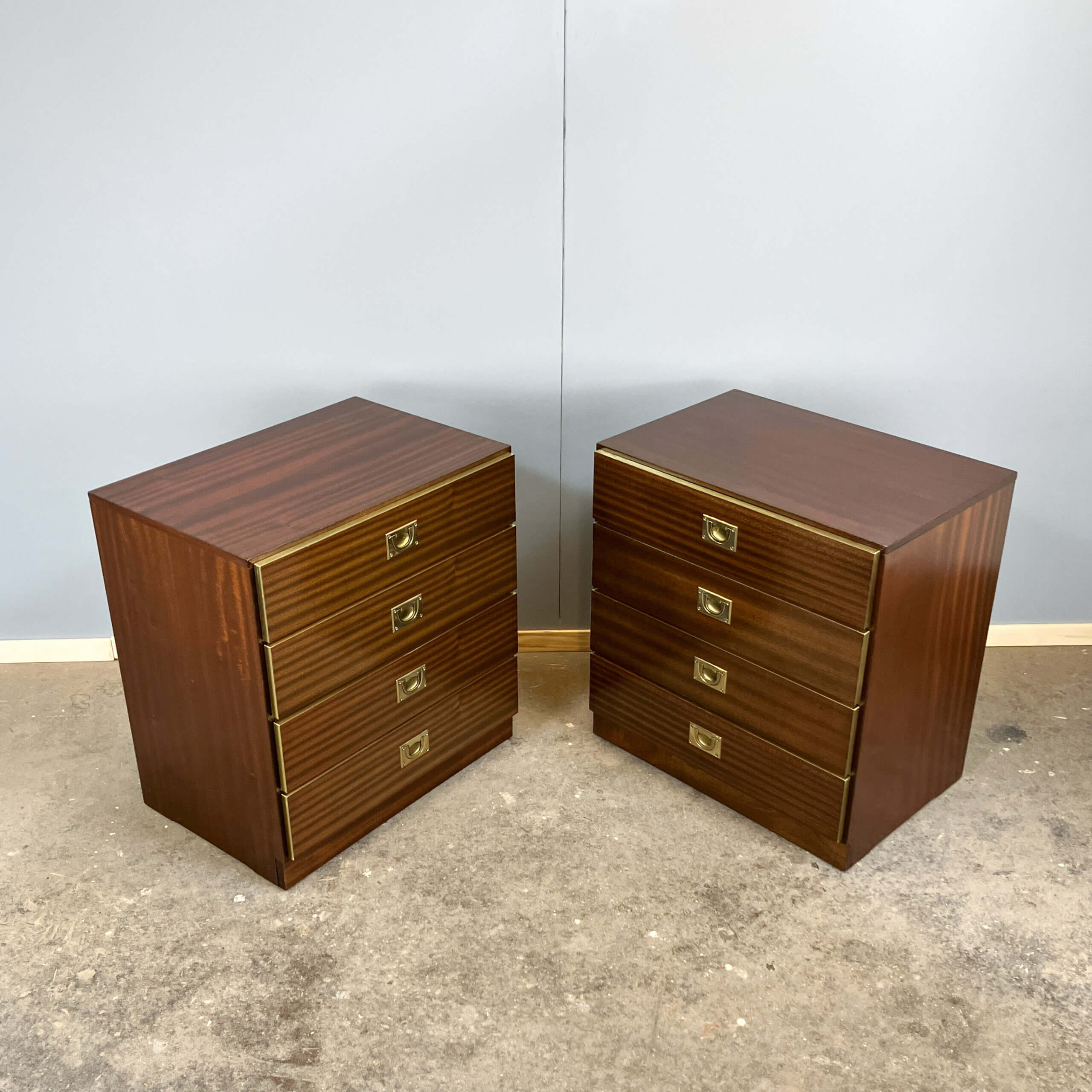 2 bedside tables/small chests of drawers in Campaign style, 1970s