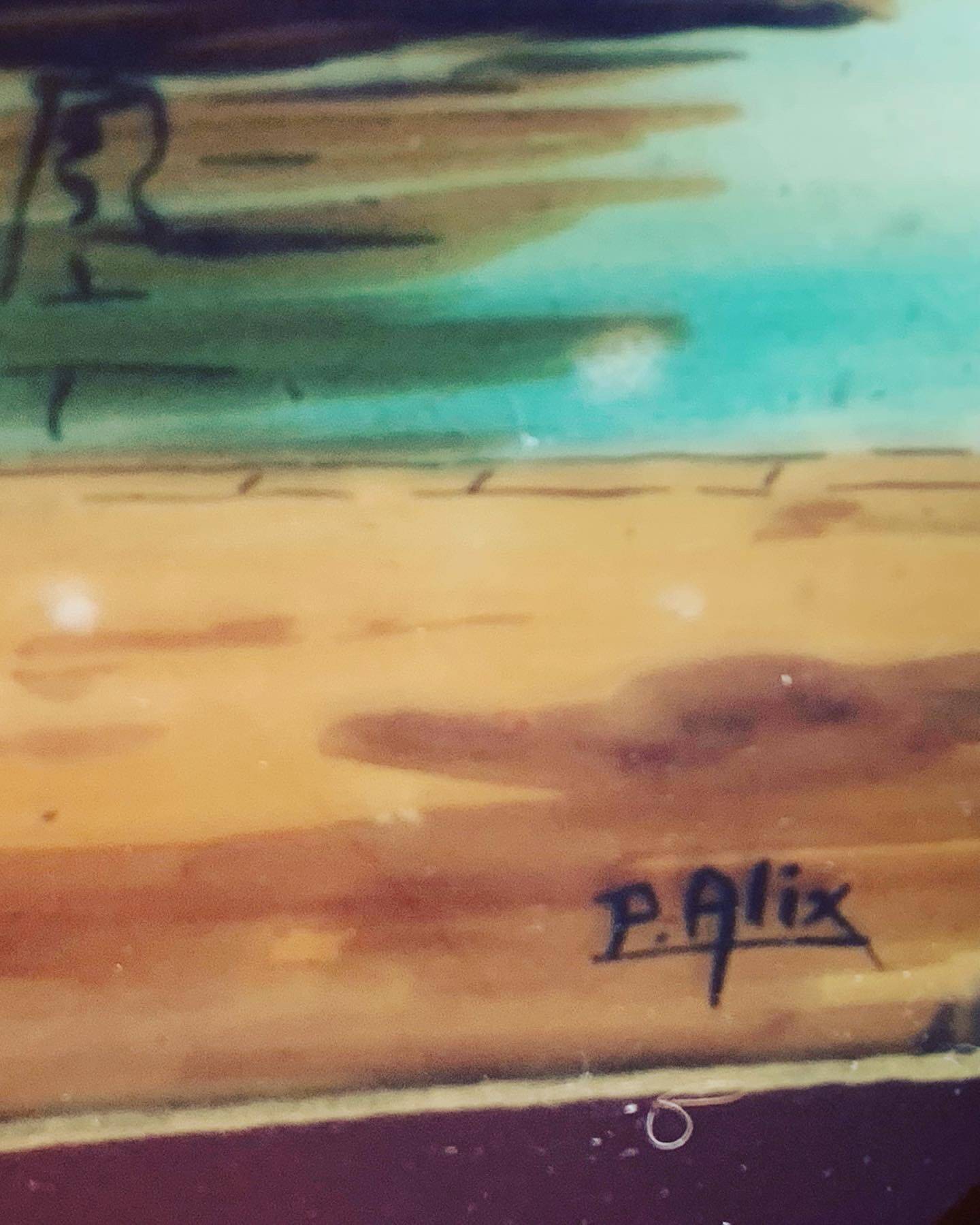 Marine painting, fixed on glass, signed P. Alix, art deco, old