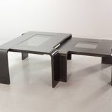 Square Black Lacquered Plywood Coffee Table with Smoked Glass Panel, 1970s