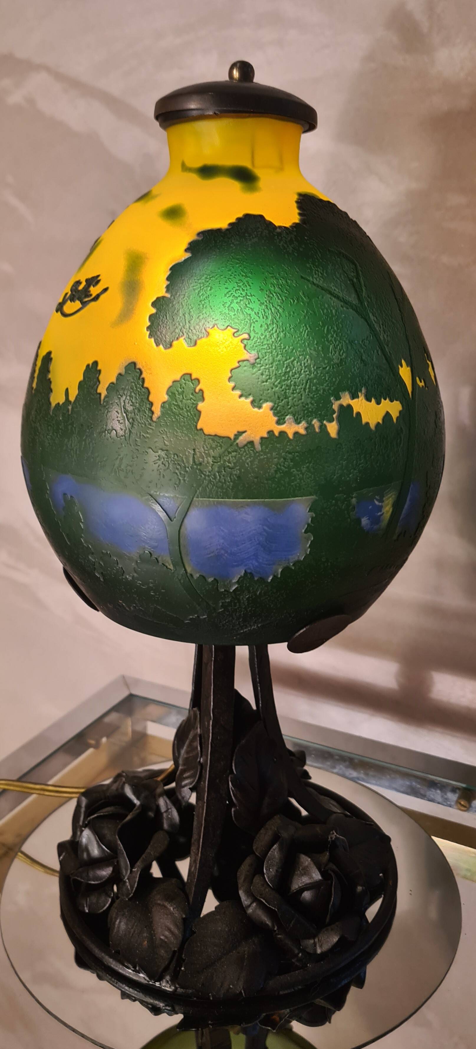 Wrought iron lamp with superb Emile Galle art nouveau lampshade, acid-free in multi-layer