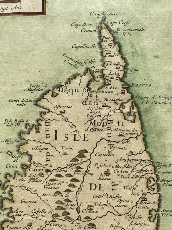 Ancienne carte de l'Isle de Corse encadrée sous verre