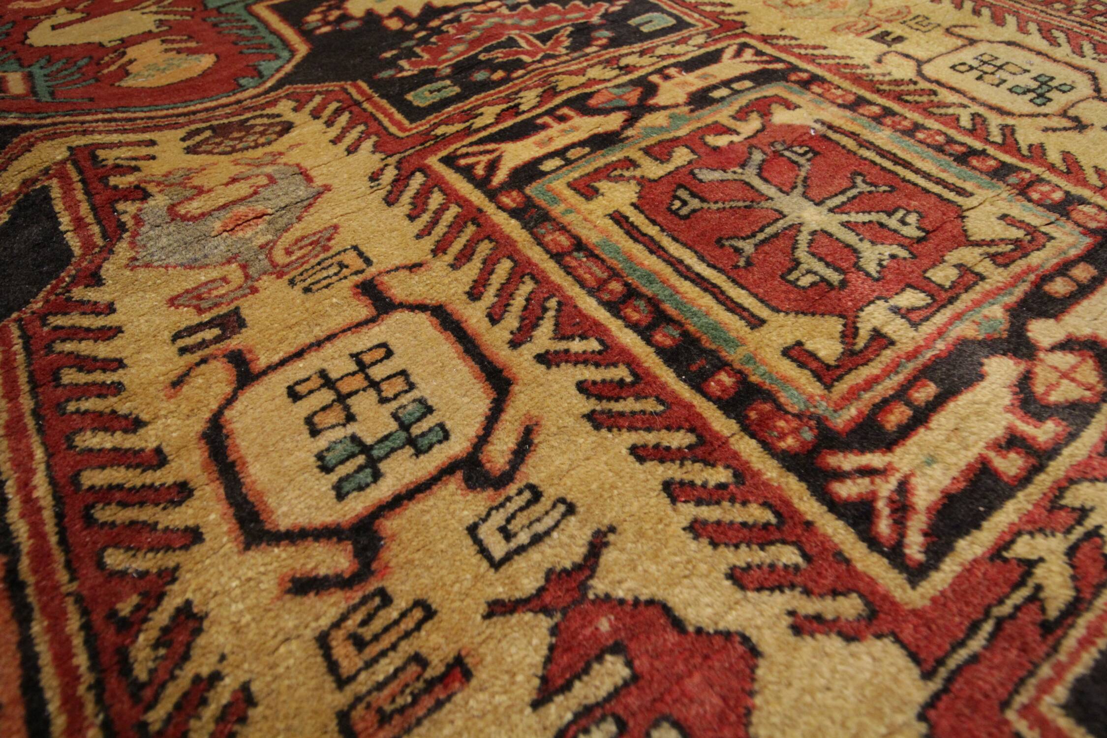 Red & Mustard Vintage Lankaran Geometric Wool Runner Rug 304 x 115 cm