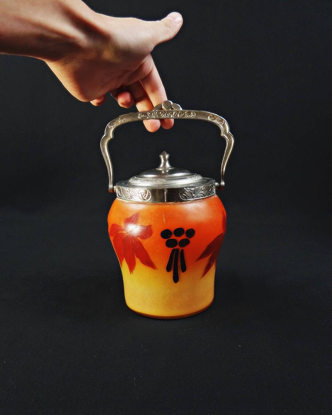 Legras-Montjoye enameled & painted glass biscuit bucket, Art Deco period