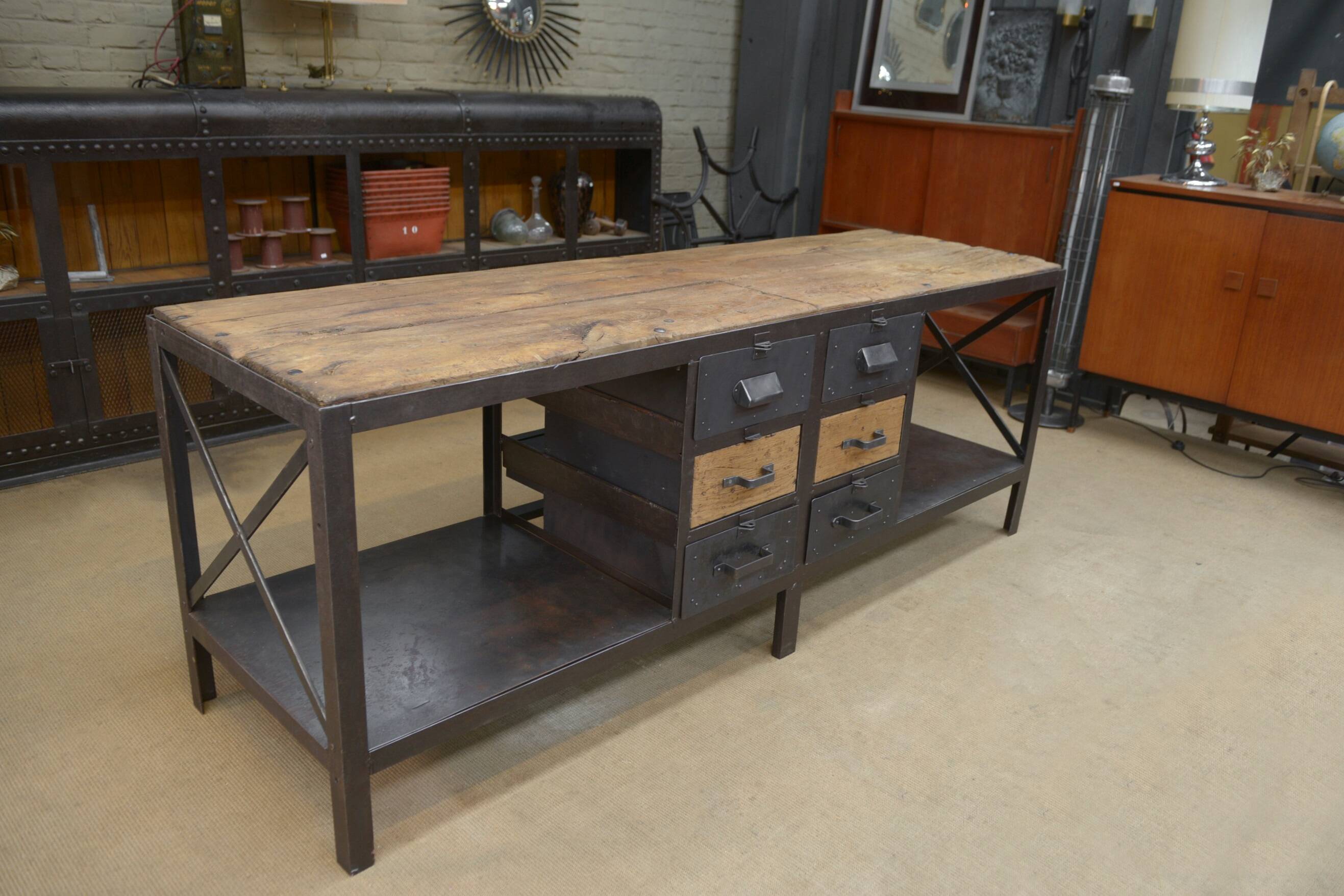 Industrial sideboard from metal and wood factory 1950