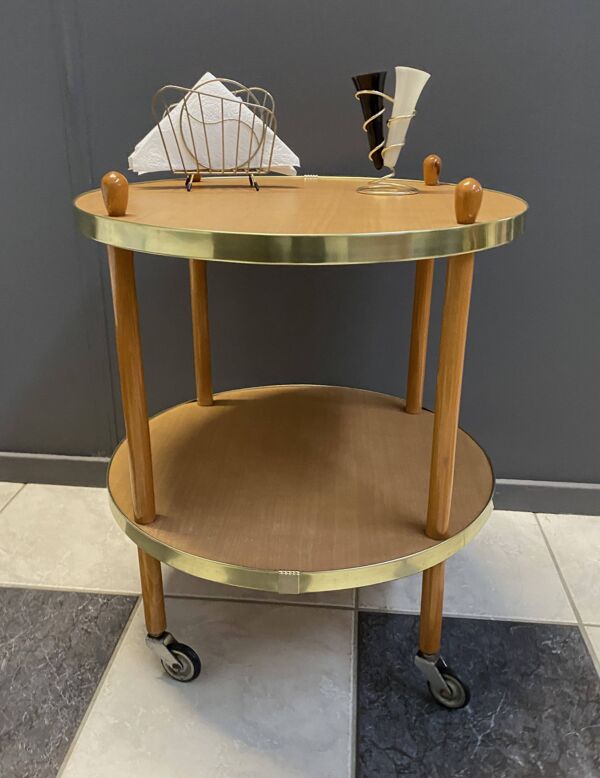 Chariot de service rond en bois, table d'appoint, années 1960