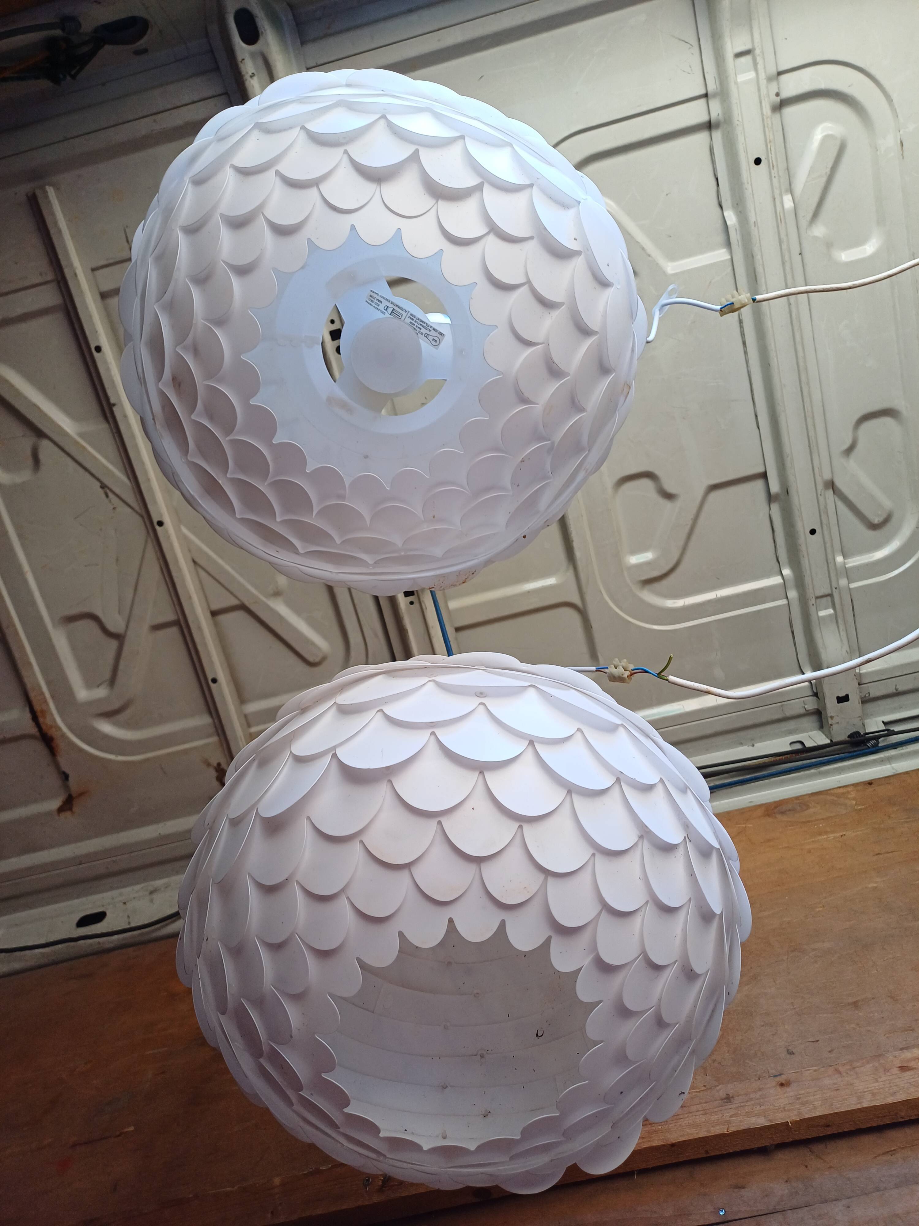 Pair of vintage white plastic pendant lights
