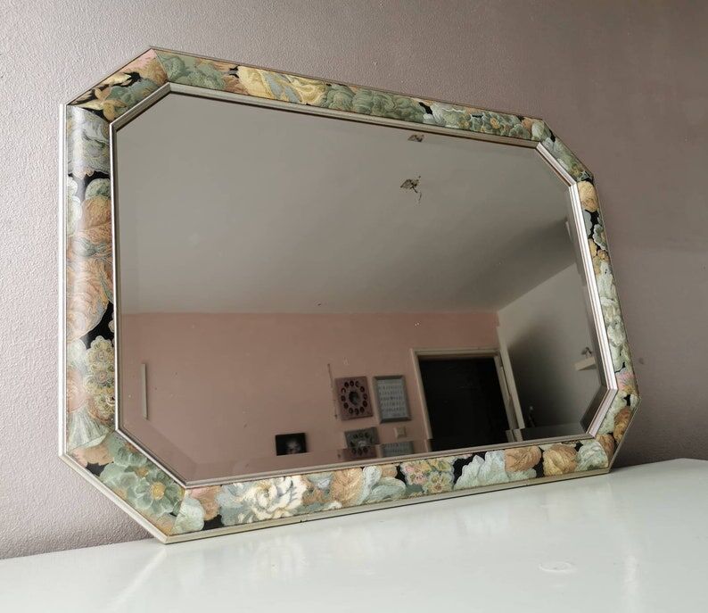 Vintage floral mirror in wood and cut glass, 80s