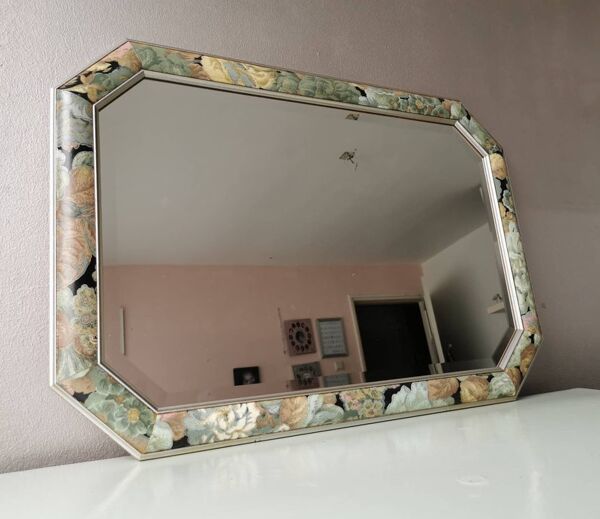 Miroir fleuri vintage en bois et verre taillé, années 80