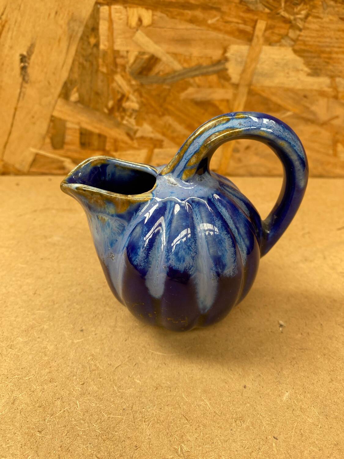 Antique alphonse mouton melon pitcher flamed ceramic blue vintage