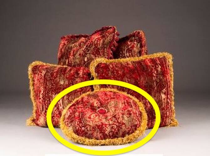 Round Velvet Cushion in Red and Gold