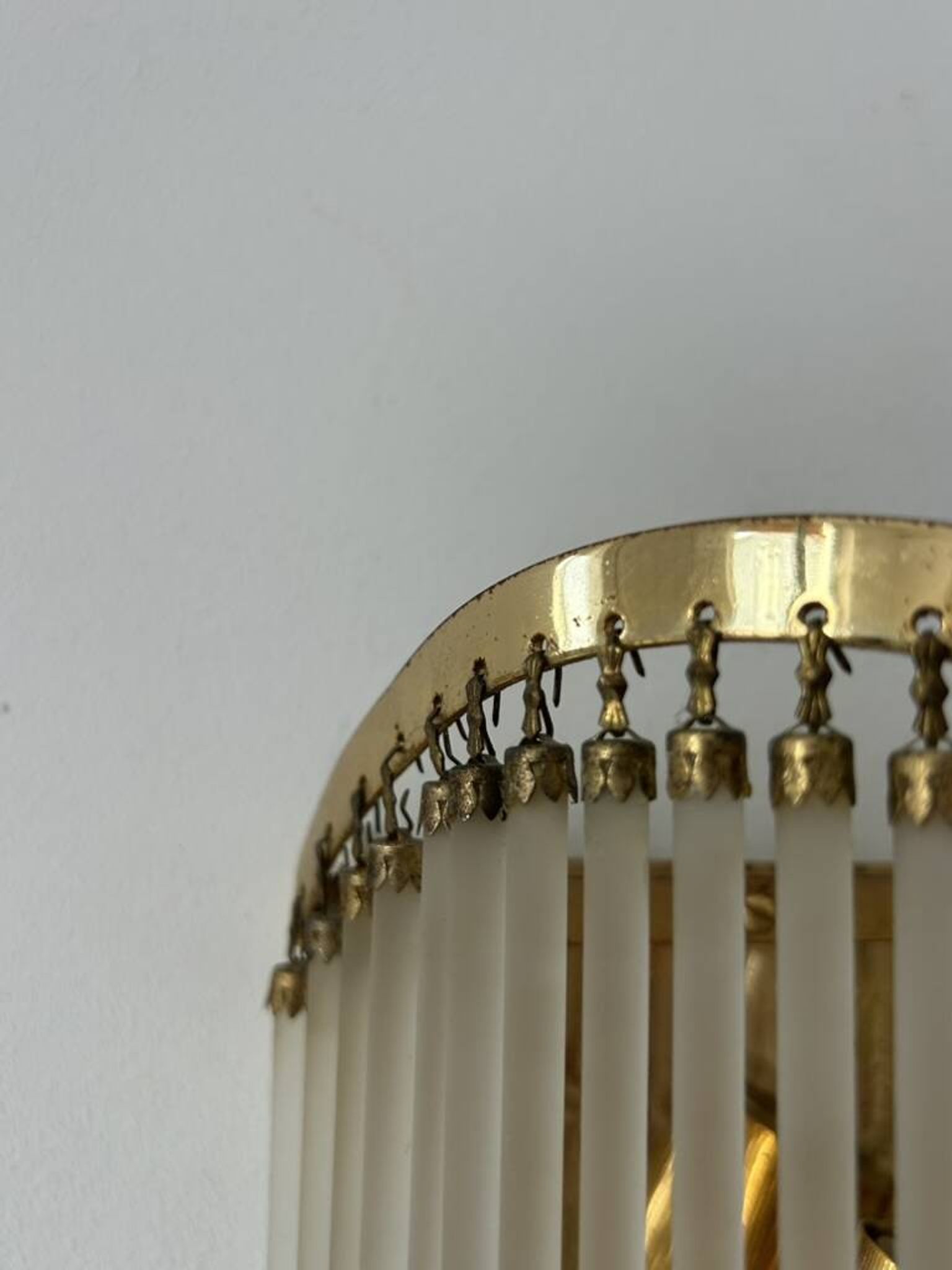 Pair of vintage wall lights, brass and glass pendants, Italy 1970.