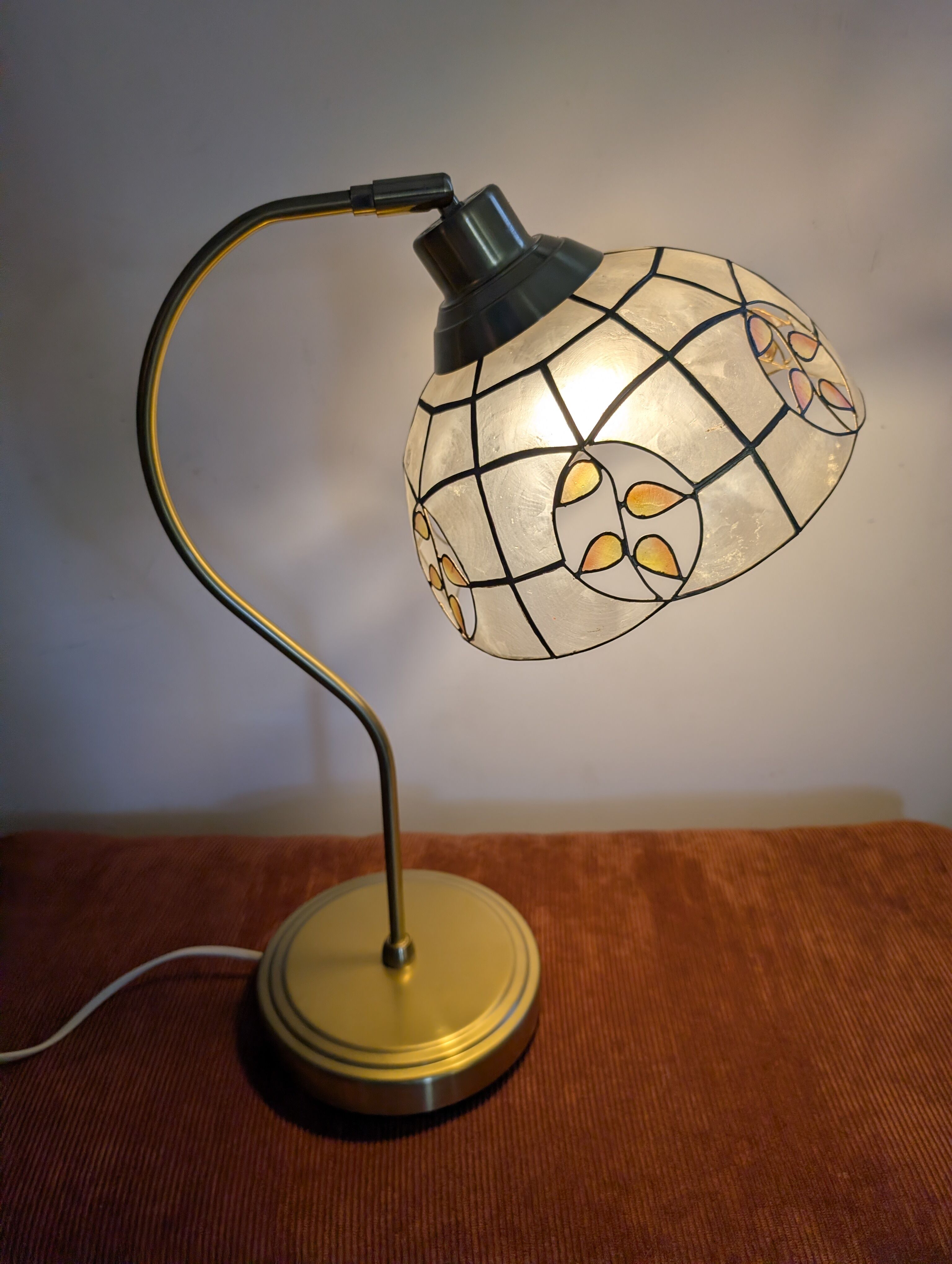Swan neck lamp. Brass lampshade with mother-of-pearl leaf patterns.