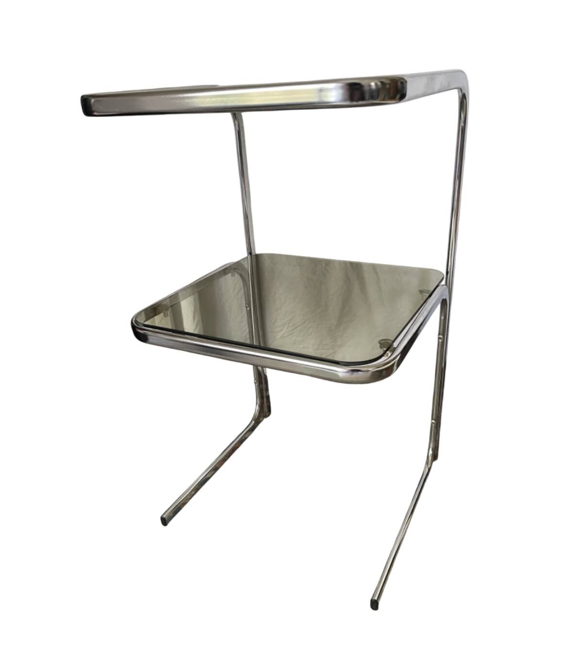 Vintage 1970s side table in smoked glass and chrome.