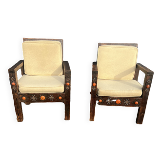 Paire de fauteuils marocains bois vintage