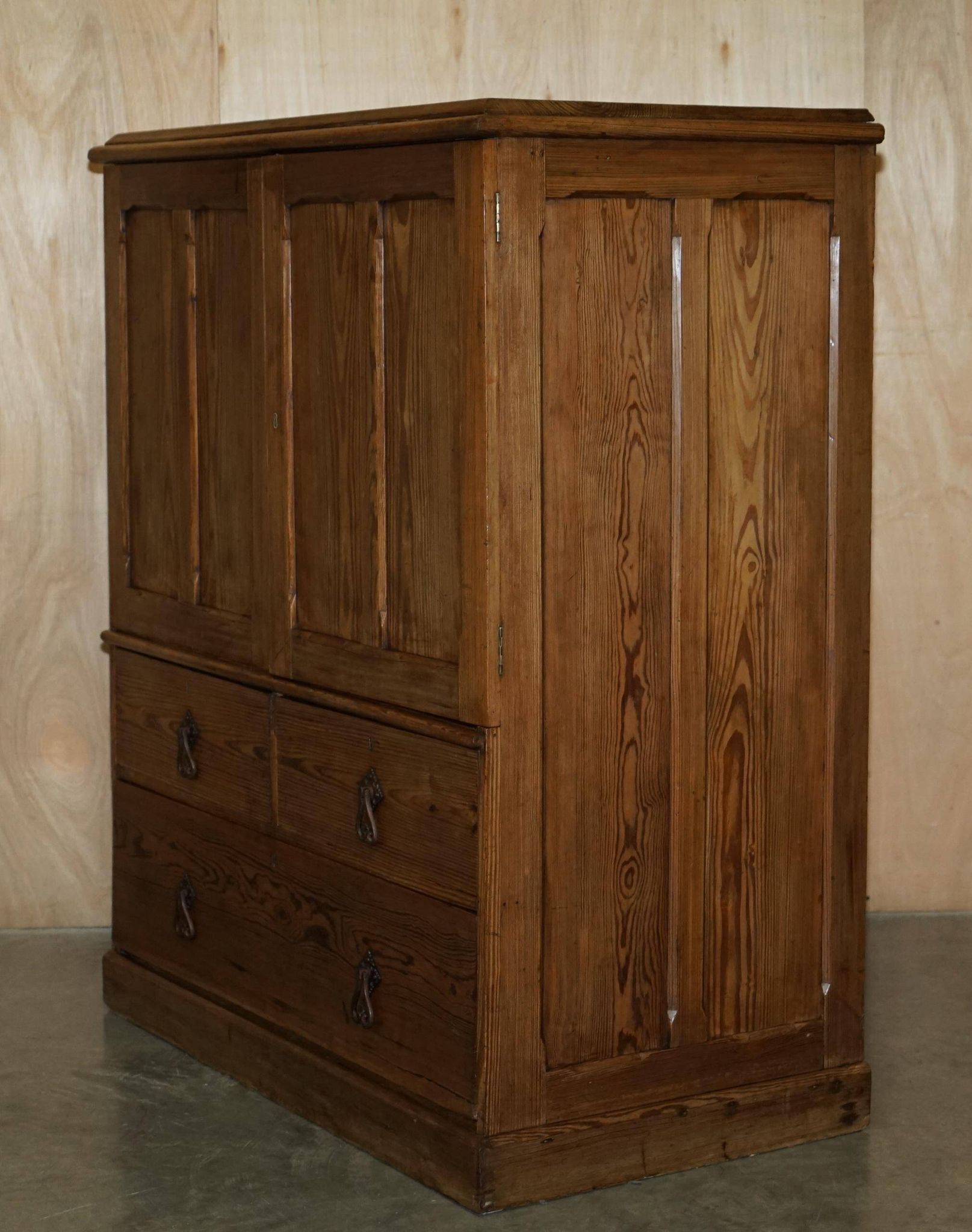 Antique Victorian pine governess buffet with sliding shelf.