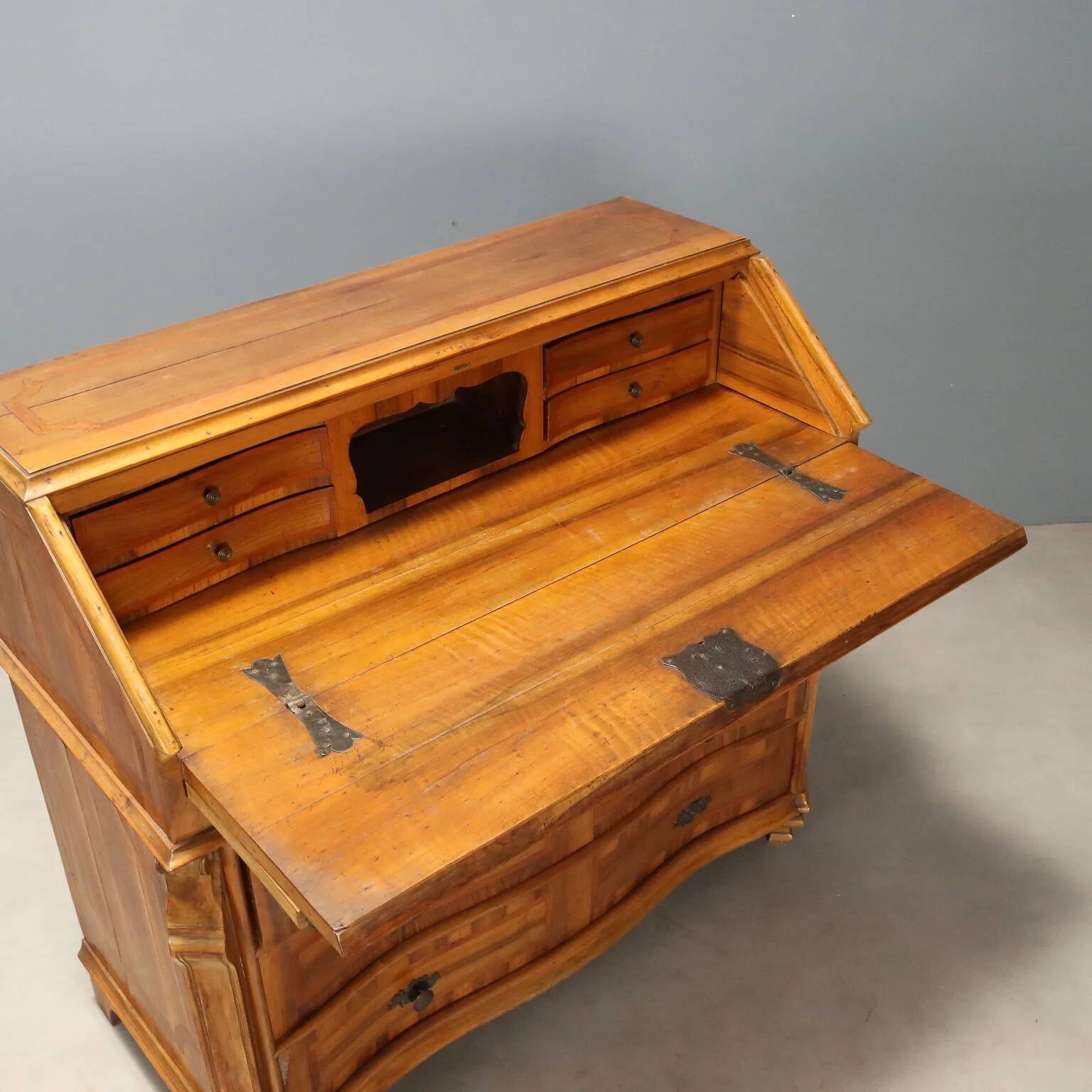 Antique cherry wood cabinet with drop-down front, 3 drawers, Italy, 20th century.