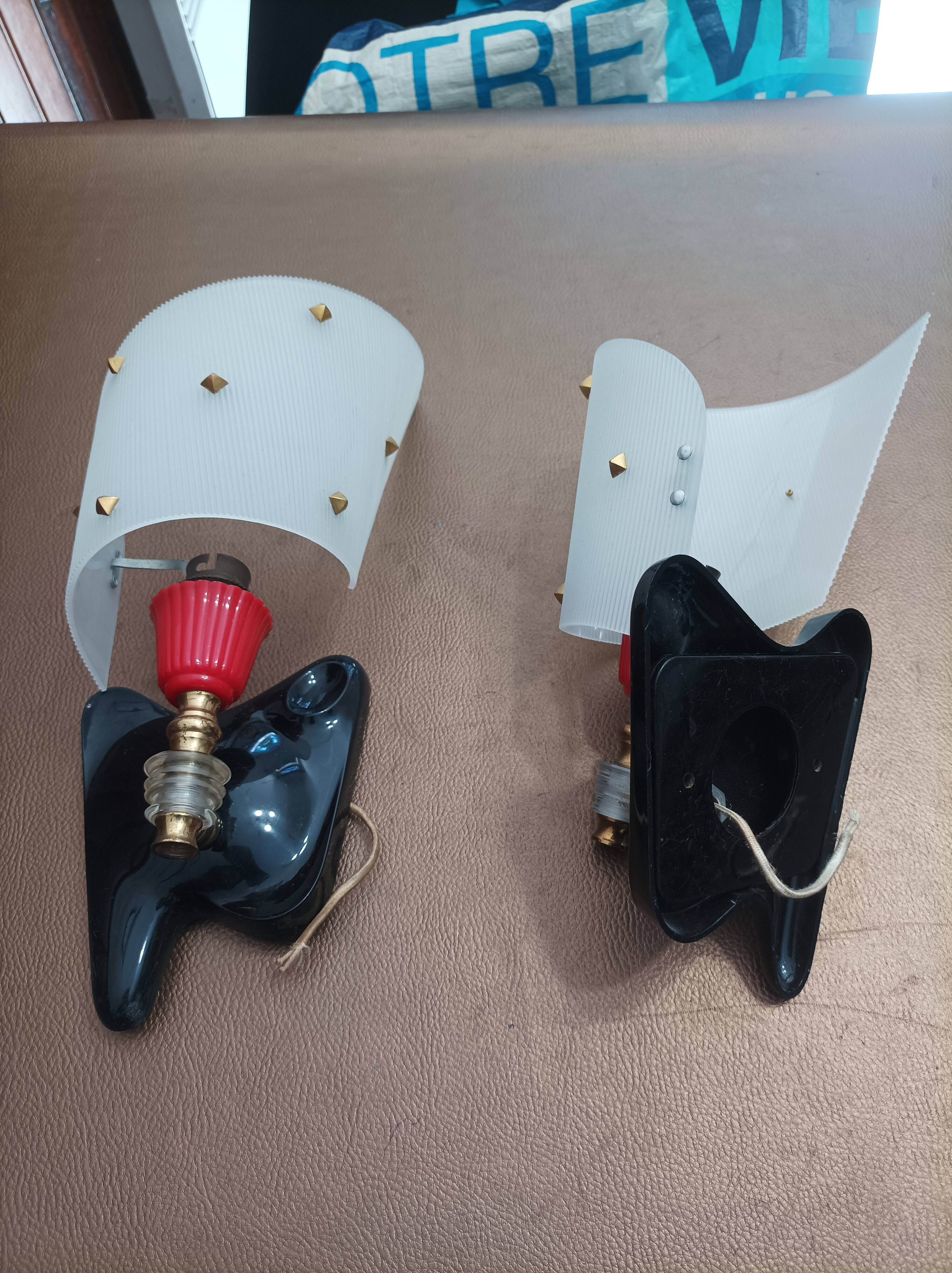 Pair of vintage wall lights Rockabilly 1950s brass, black and red Set of Two