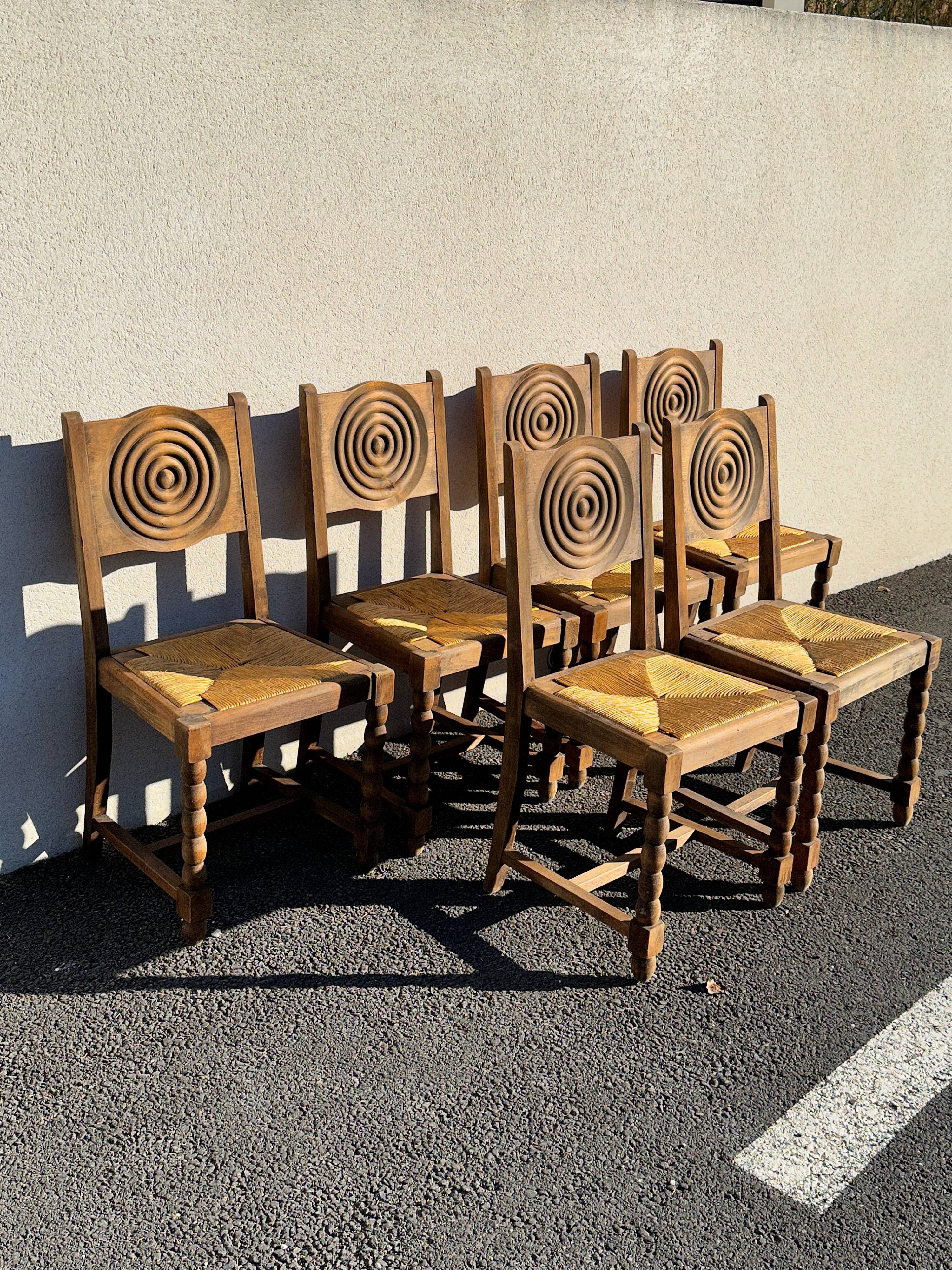 6 rustic style chairs, wood and straw, 1940