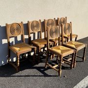 6 rustic style chairs, wood and straw, 1940