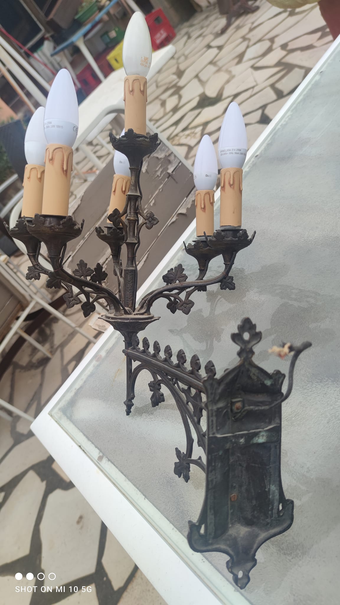 Pair of 19th-century bronze cathedral wall sconces with 5 lights