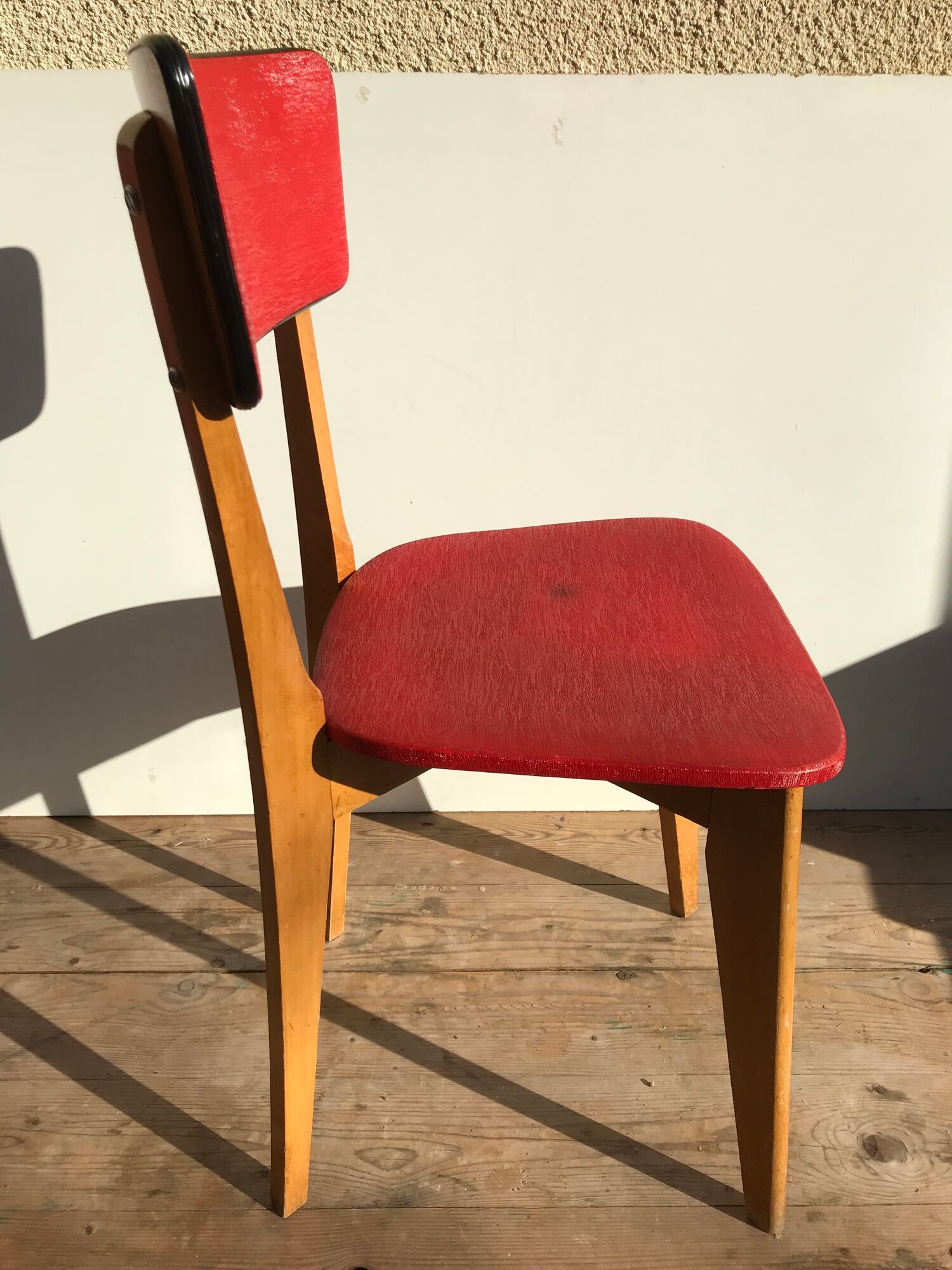 Old wood & vinyl red 60s vintage scandinavian chair