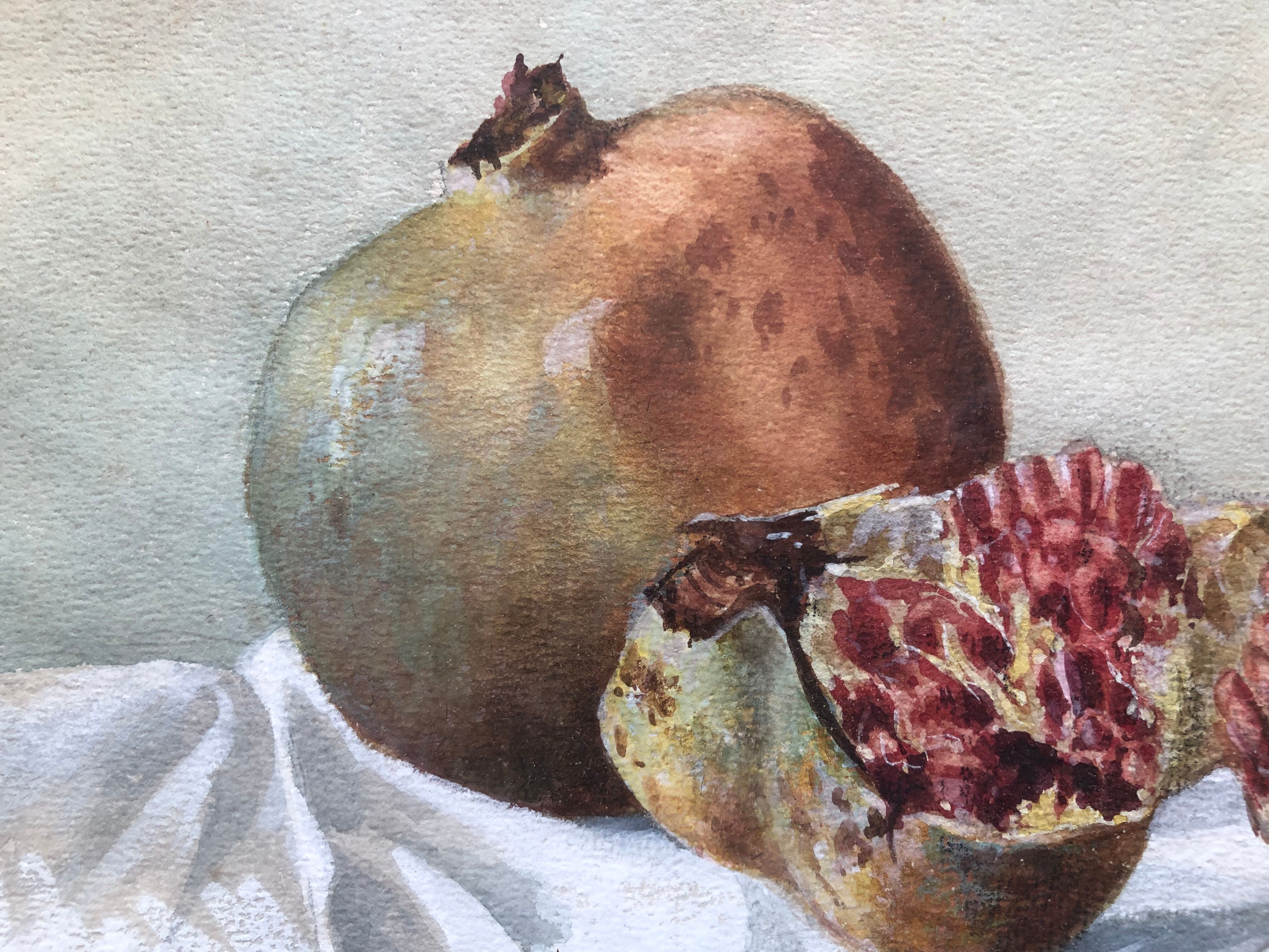 Watercolor "les grenades" signed e. fournillier 1915, in gilded wood frame, still life, perpignan 66