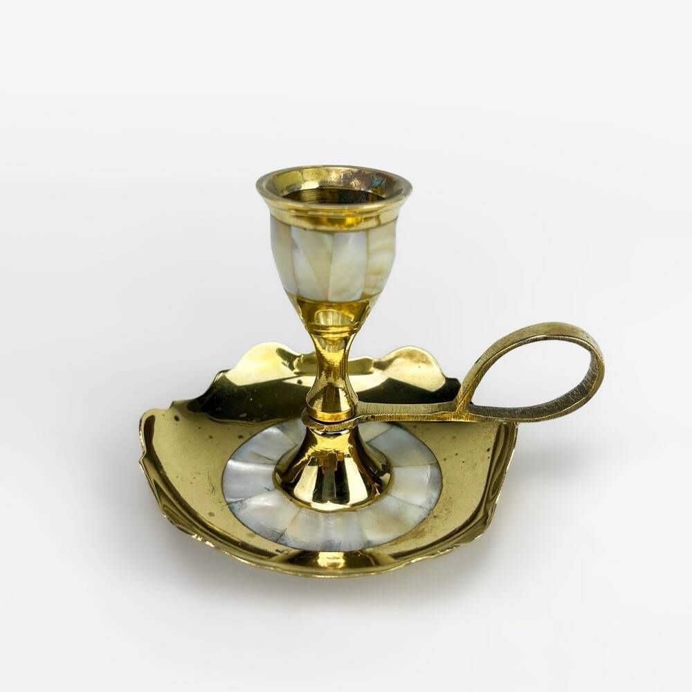 Duo of vintage brass and mother-of-pearl cellar rat candlesticks