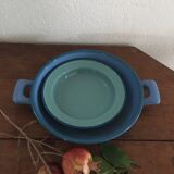 Two matching enameled dishes in green and blue