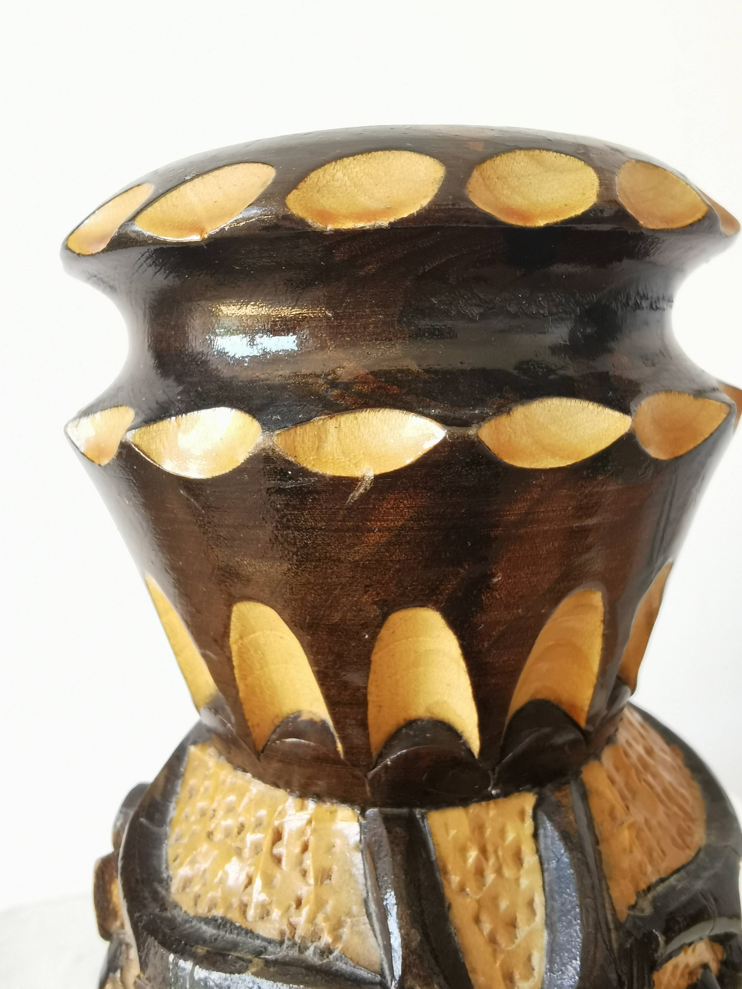 Vintage Hand Carved Wooden Vase: Grapevine Motif, 1970s Yugoslavia