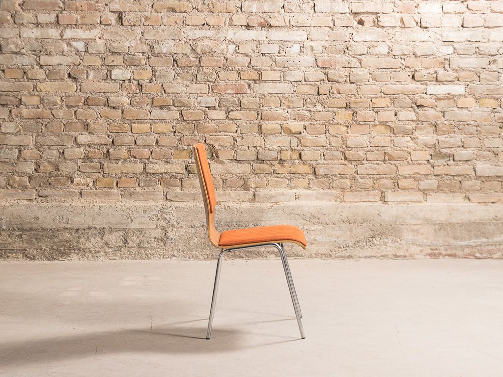 Set of 4 vintage chairs with a chrome steel base, teak backrest and seat