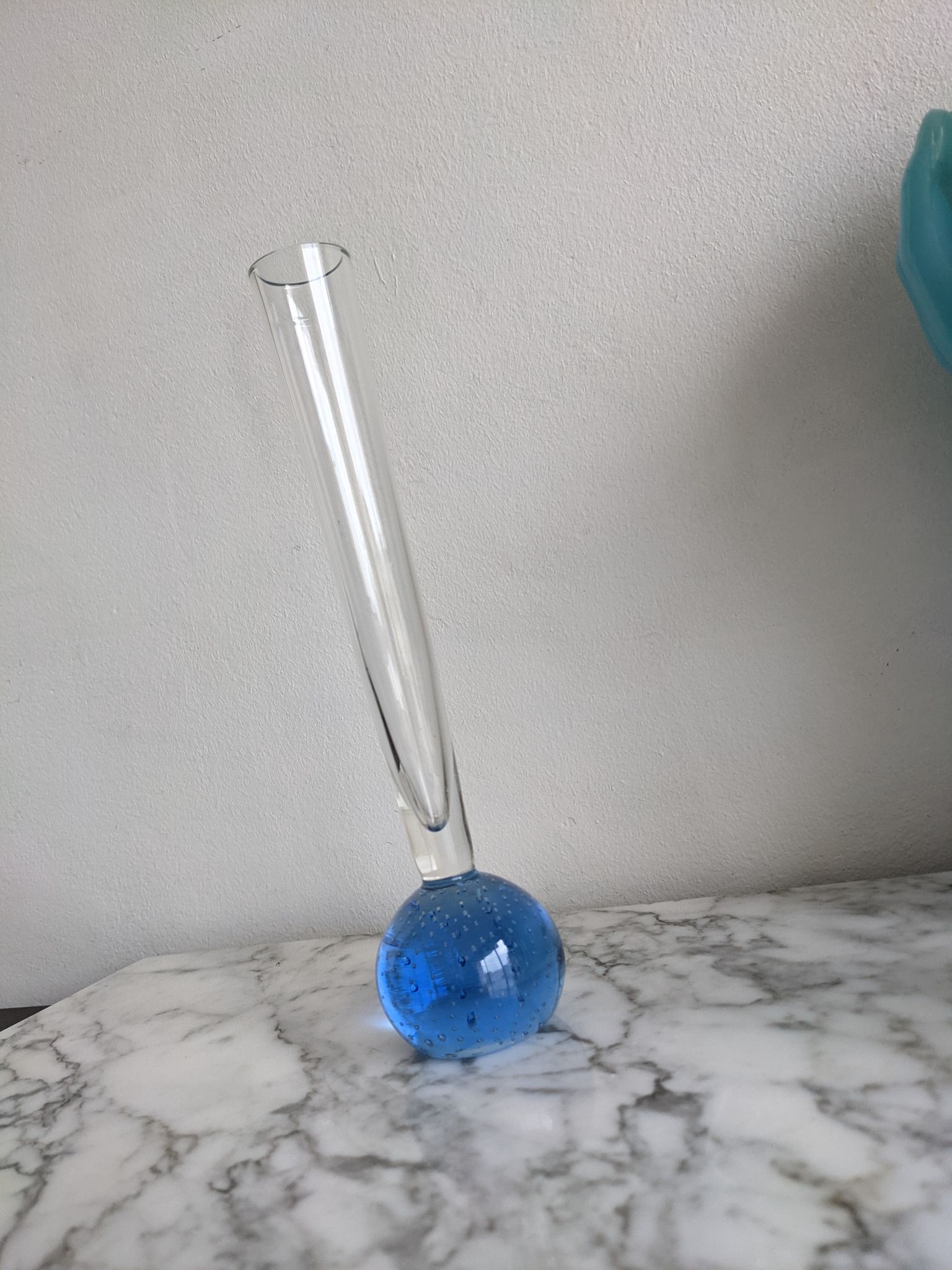 Vintage fine soliflore glass vase with blue ball in murano bubble glass at the base
